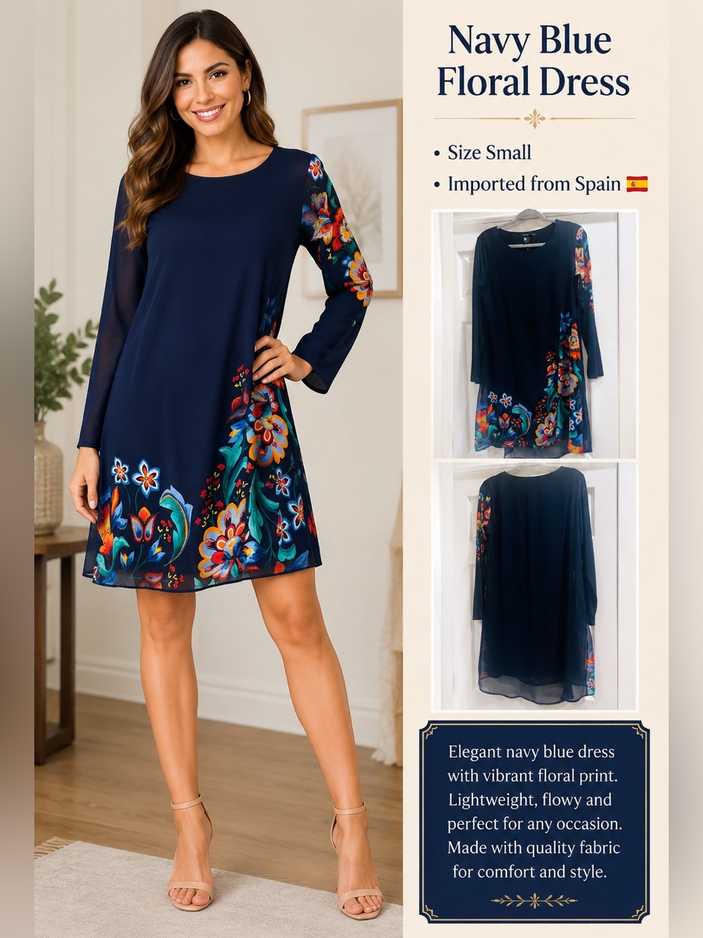 Navy Blue Floral Shift Dress - European Size 40 (USA Small)